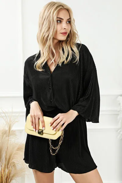 Pleated Button Up Shirt and Shorts Lounge Set (2 Colors)