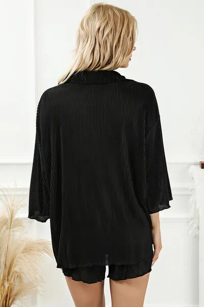 Pleated Button Up Shirt and Shorts Lounge Set (2 Colors)