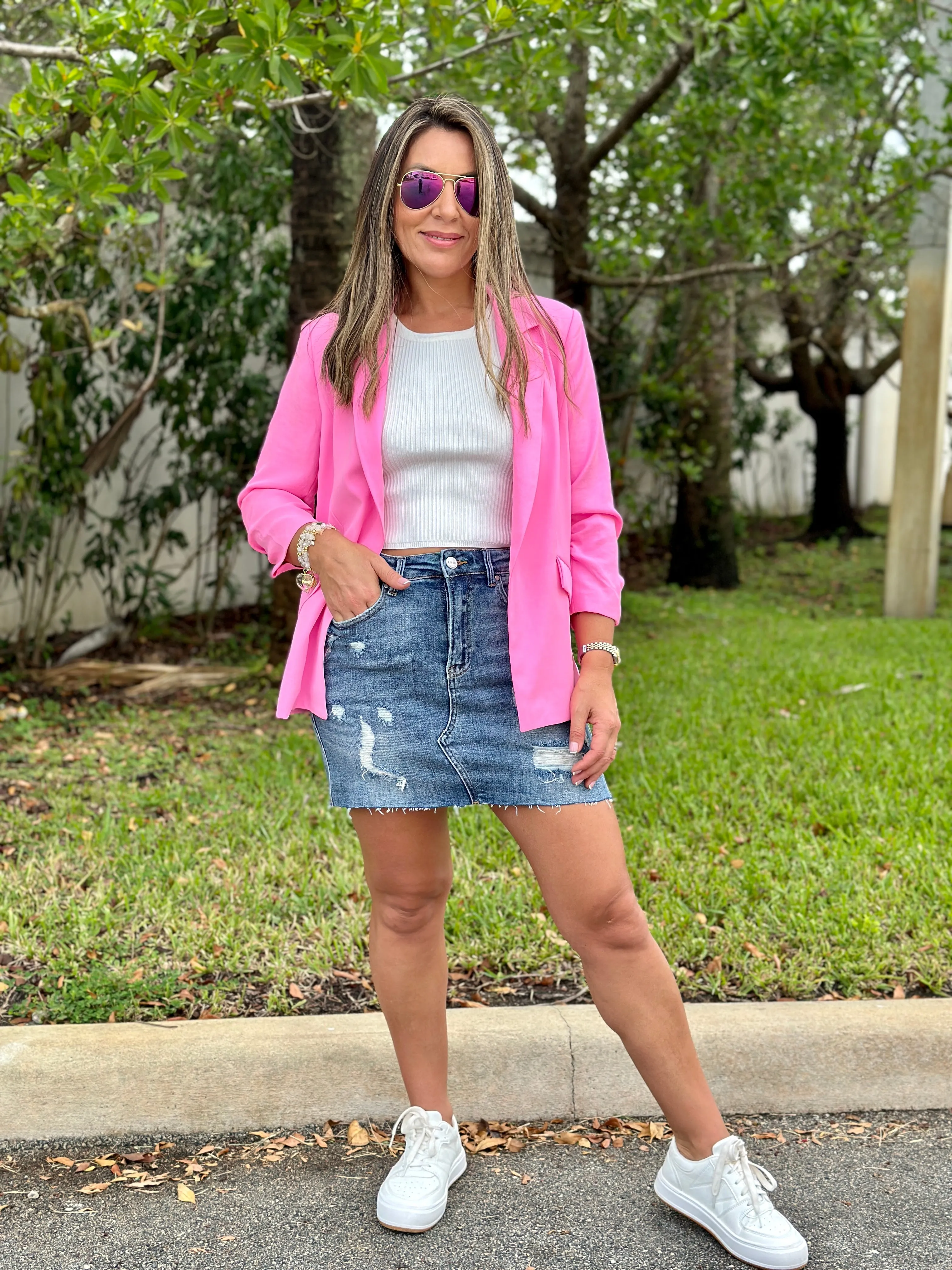 "Alaia" Distress Denim Stretchy Mini Skirt