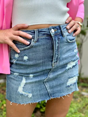 "Alaia" Distress Denim Stretchy Mini Skirt