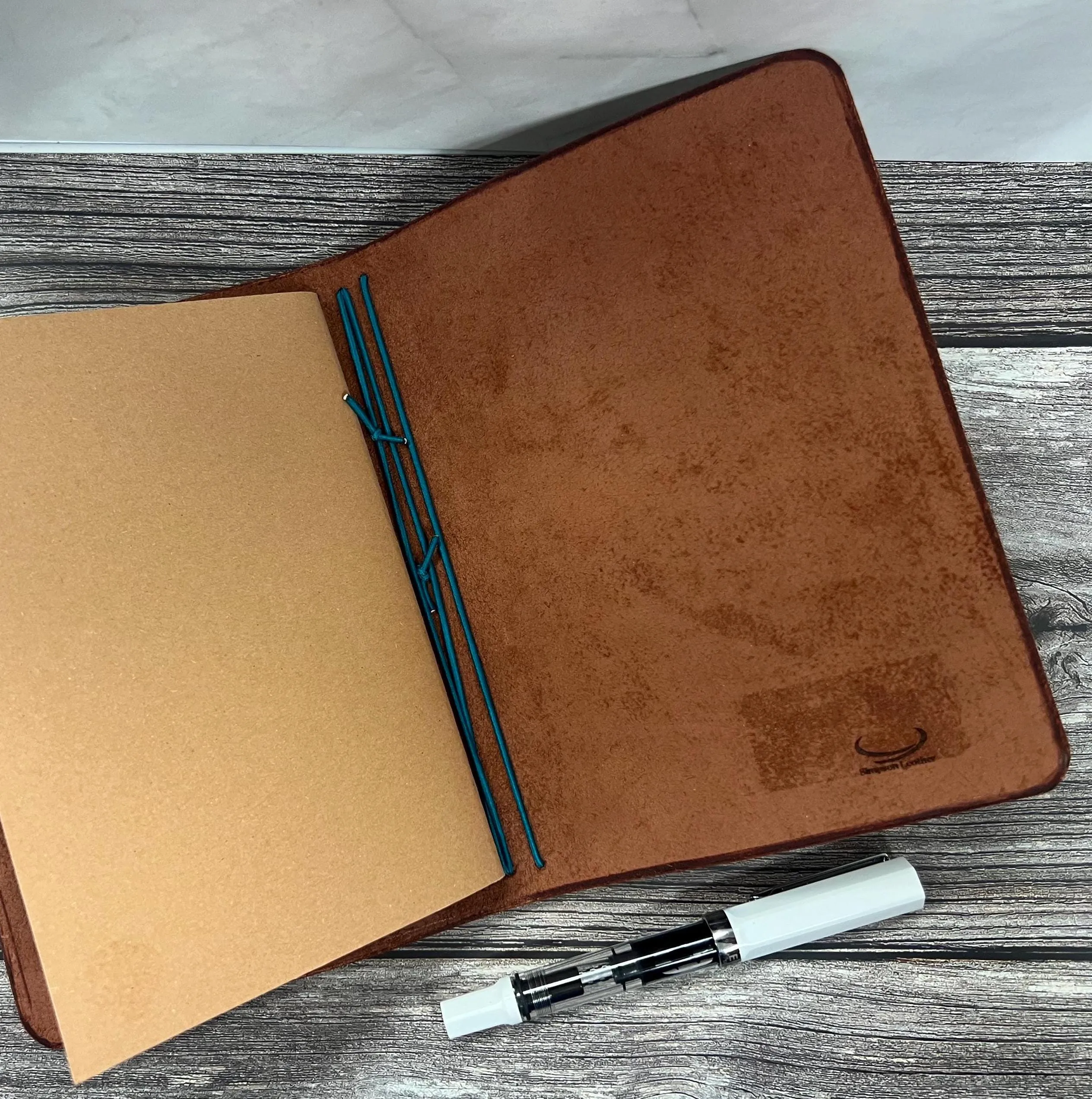 Ready to Ship* B6 Traveler's Notebook, Brown Full-grain Leather Journal Cover with teal elastic, sized for 5x7" inserts