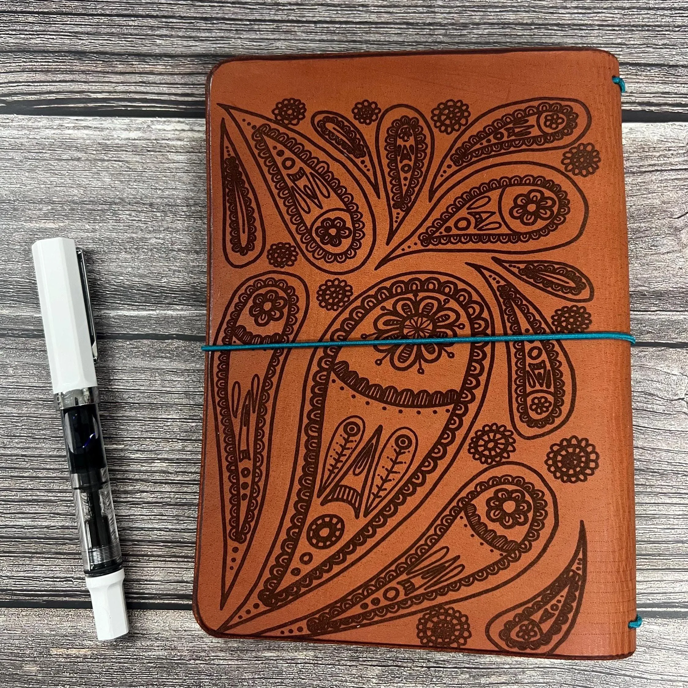 Ready to Ship* B6 Traveler's Notebook, Brown Full-grain Leather Journal Cover with teal elastic, sized for 5x7" inserts
