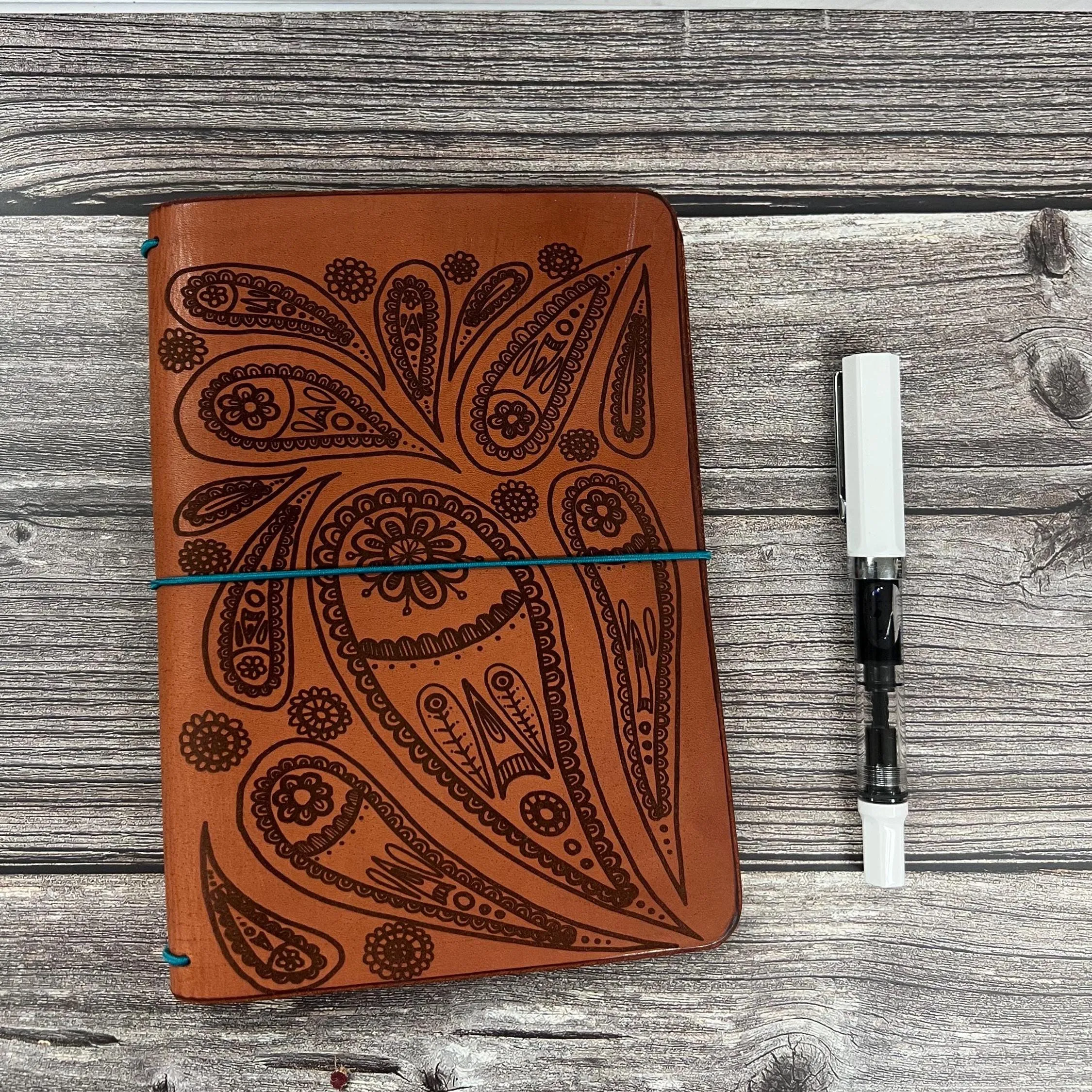 Ready to Ship* B6 Traveler's Notebook, Brown Full-grain Leather Journal Cover with teal elastic, sized for 5x7" inserts