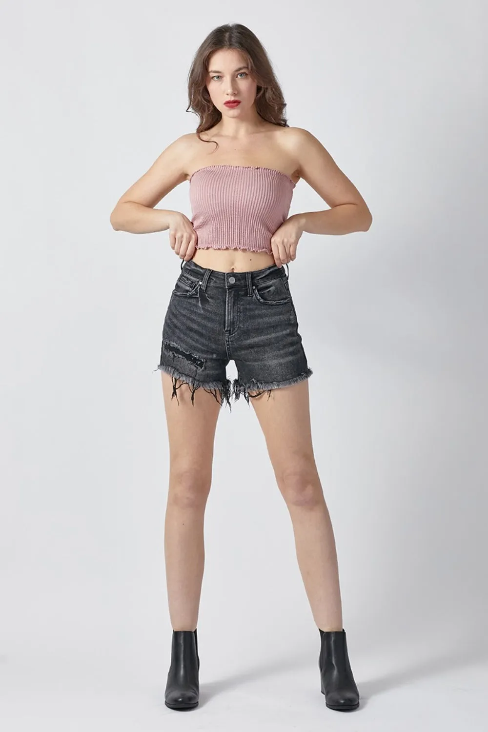 Risen Raw Hem Black Denim Shorts