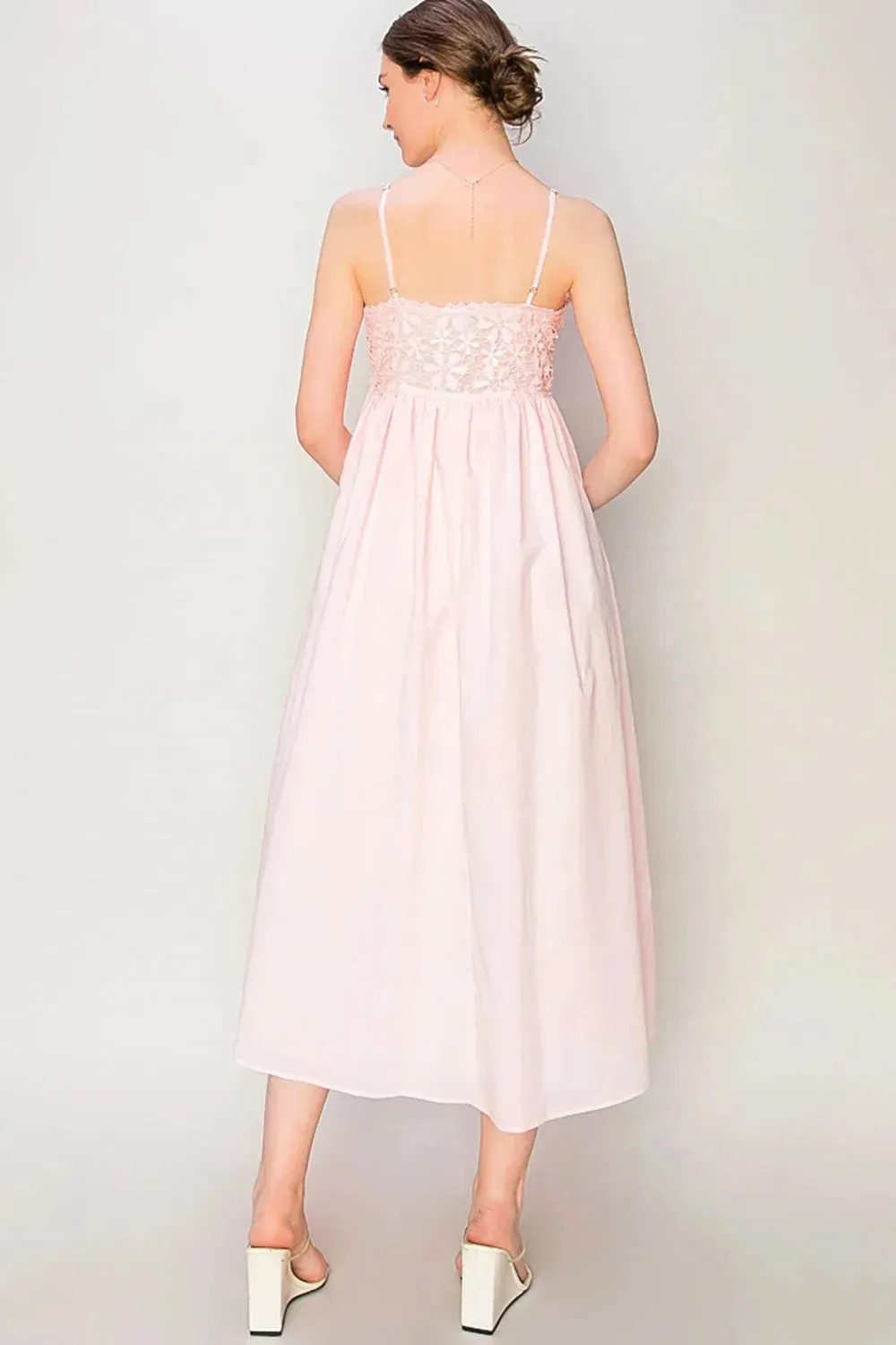 Romantic Blush Lace Spaghetti Straps Bodice Cotton Midi Dress