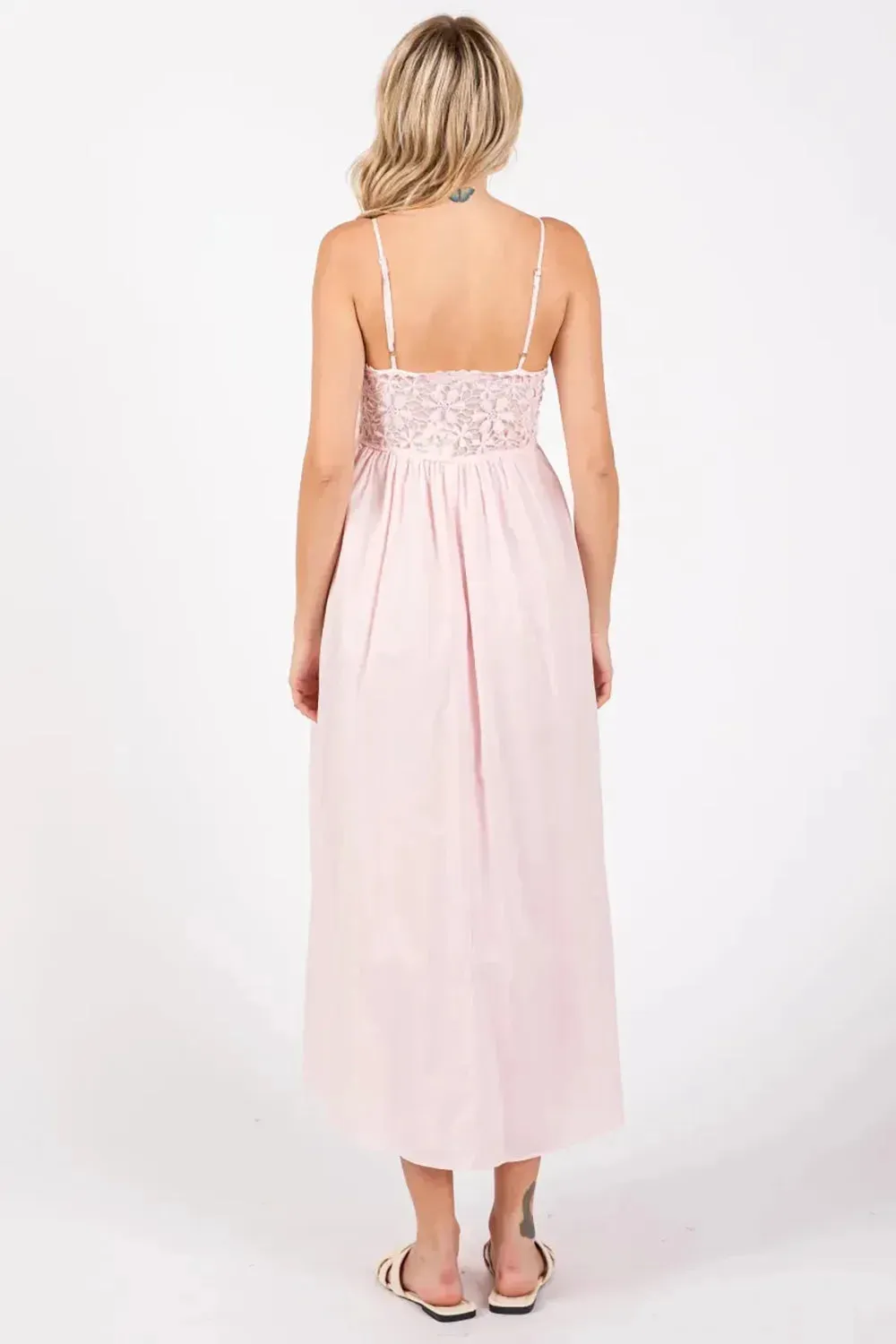 Romantic Blush Lace Spaghetti Straps Bodice Cotton Midi Dress