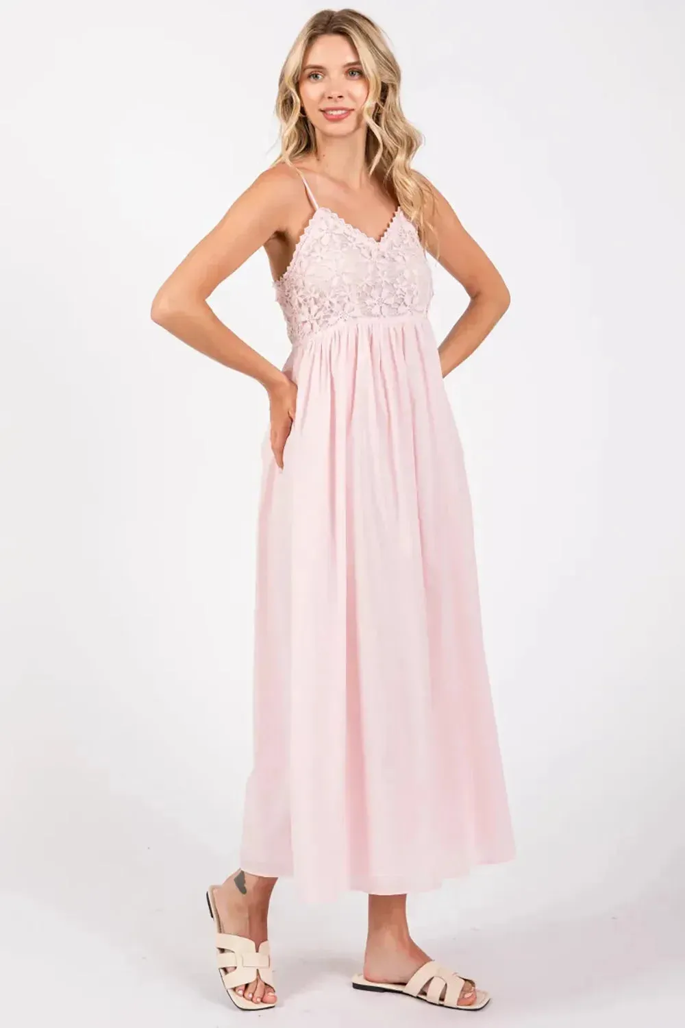 Romantic Blush Lace Spaghetti Straps Bodice Cotton Midi Dress