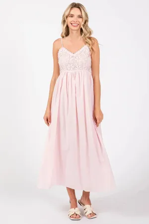 Romantic Blush Lace Spaghetti Straps Bodice Cotton Midi Dress