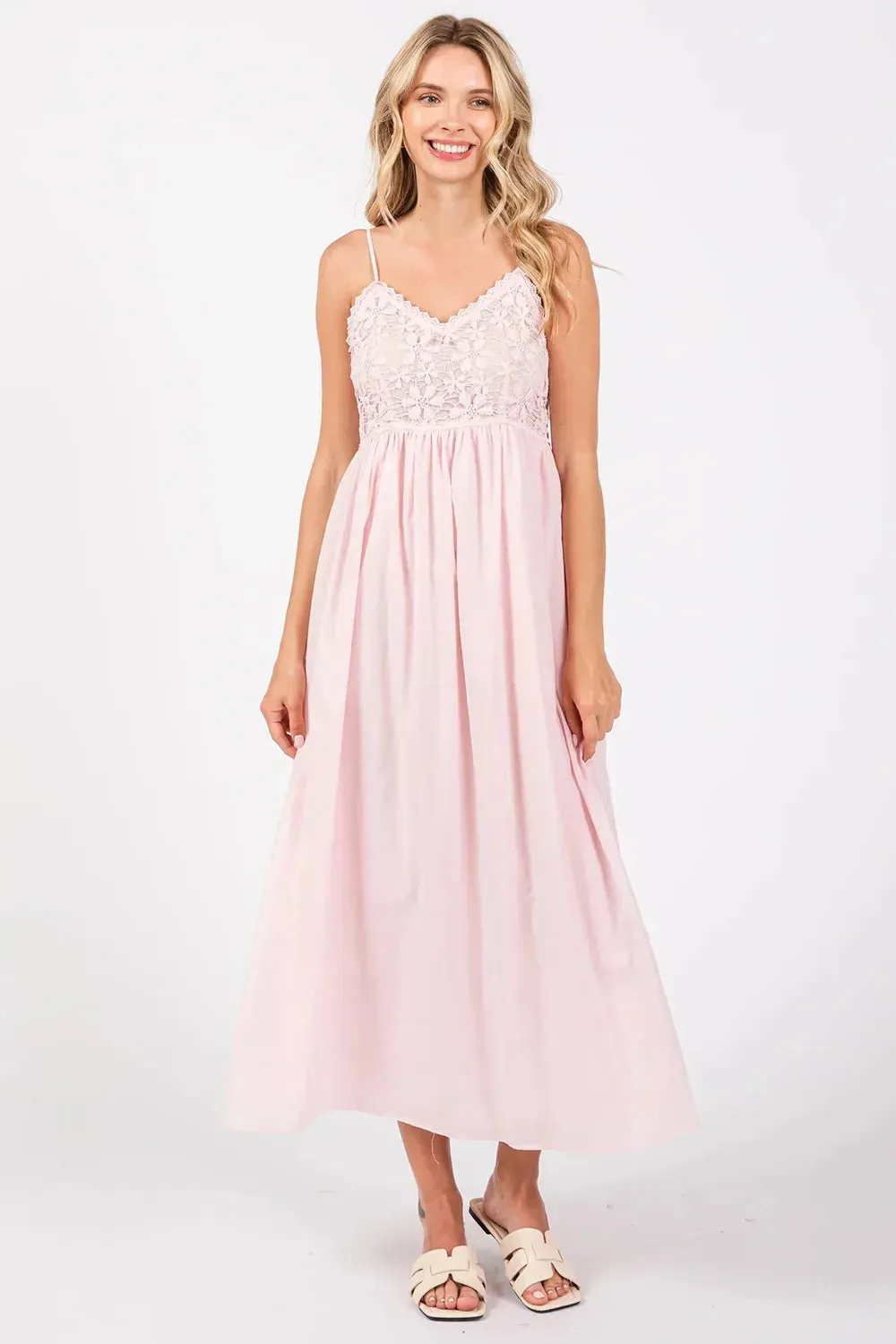 Romantic Blush Lace Spaghetti Straps Bodice Cotton Midi Dress