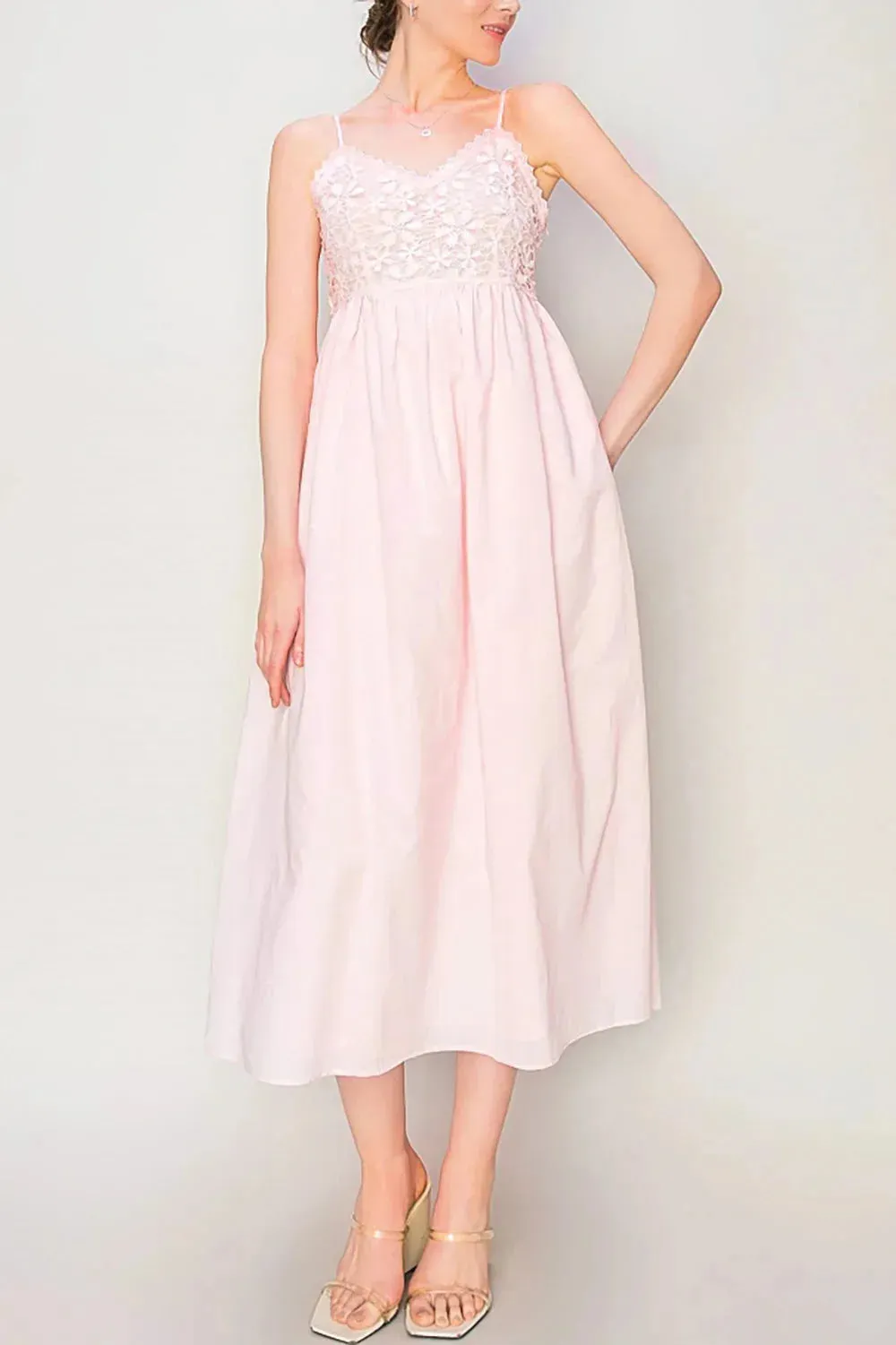 Romantic Blush Lace Spaghetti Straps Bodice Cotton Midi Dress
