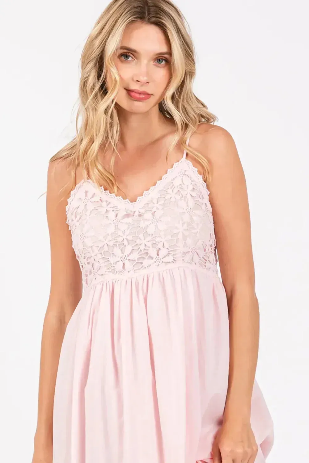 Romantic Blush Lace Spaghetti Straps Bodice Cotton Midi Dress