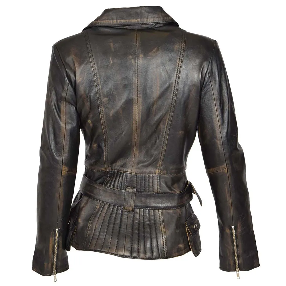 Side Pocket Distressed Vintage Wax Womens Biker Leather Jacket