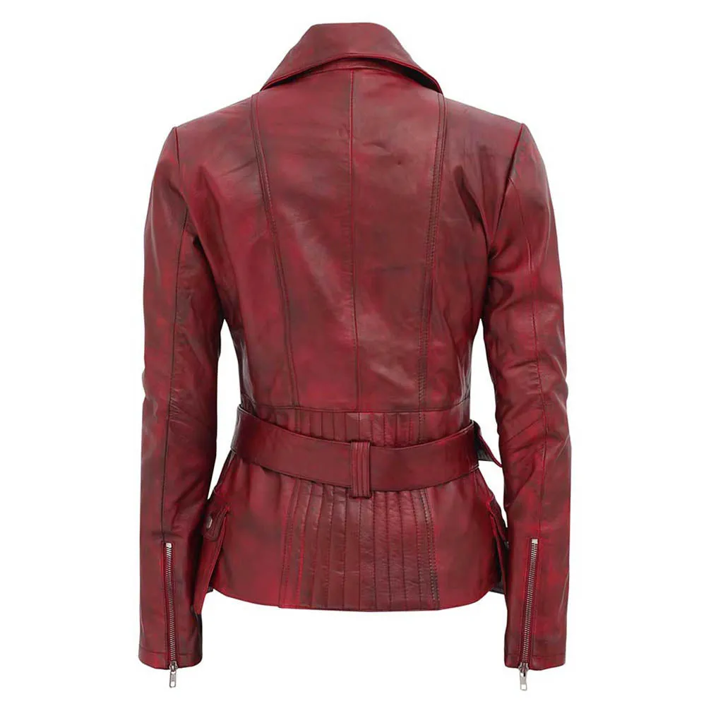 Side Pocket Distressed Vintage Wax Womens Biker Leather Jacket