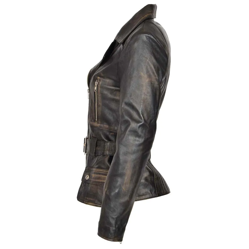 Side Pocket Distressed Vintage Wax Womens Biker Leather Jacket