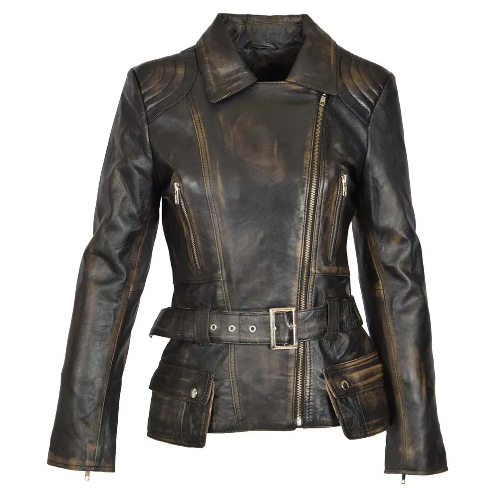 Side Pocket Distressed Vintage Wax Womens Biker Leather Jacket