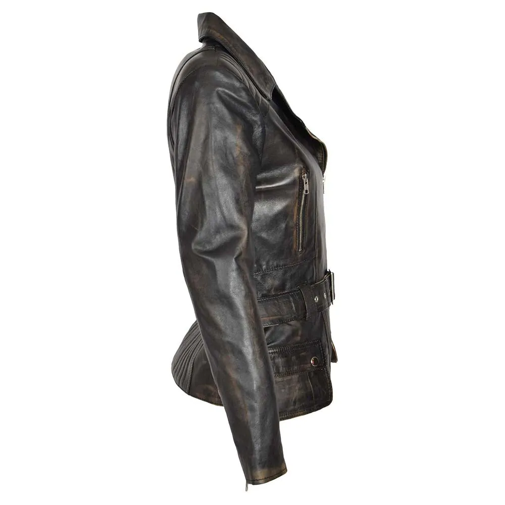 Side Pocket Distressed Vintage Wax Womens Biker Leather Jacket