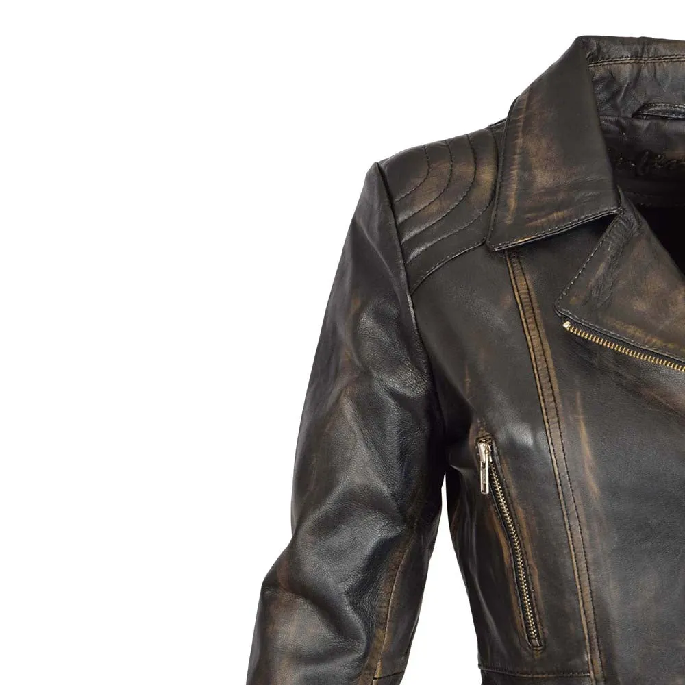 Side Pocket Distressed Vintage Wax Womens Biker Leather Jacket