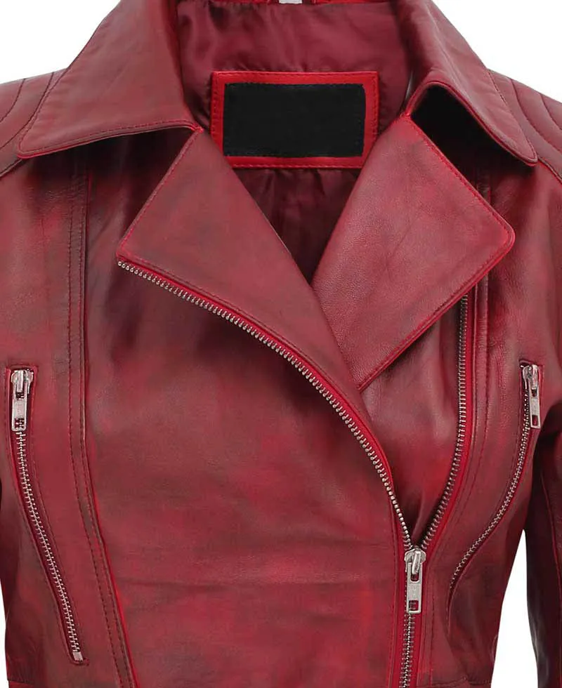 Side Pocket Distressed Vintage Wax Womens Biker Leather Jacket