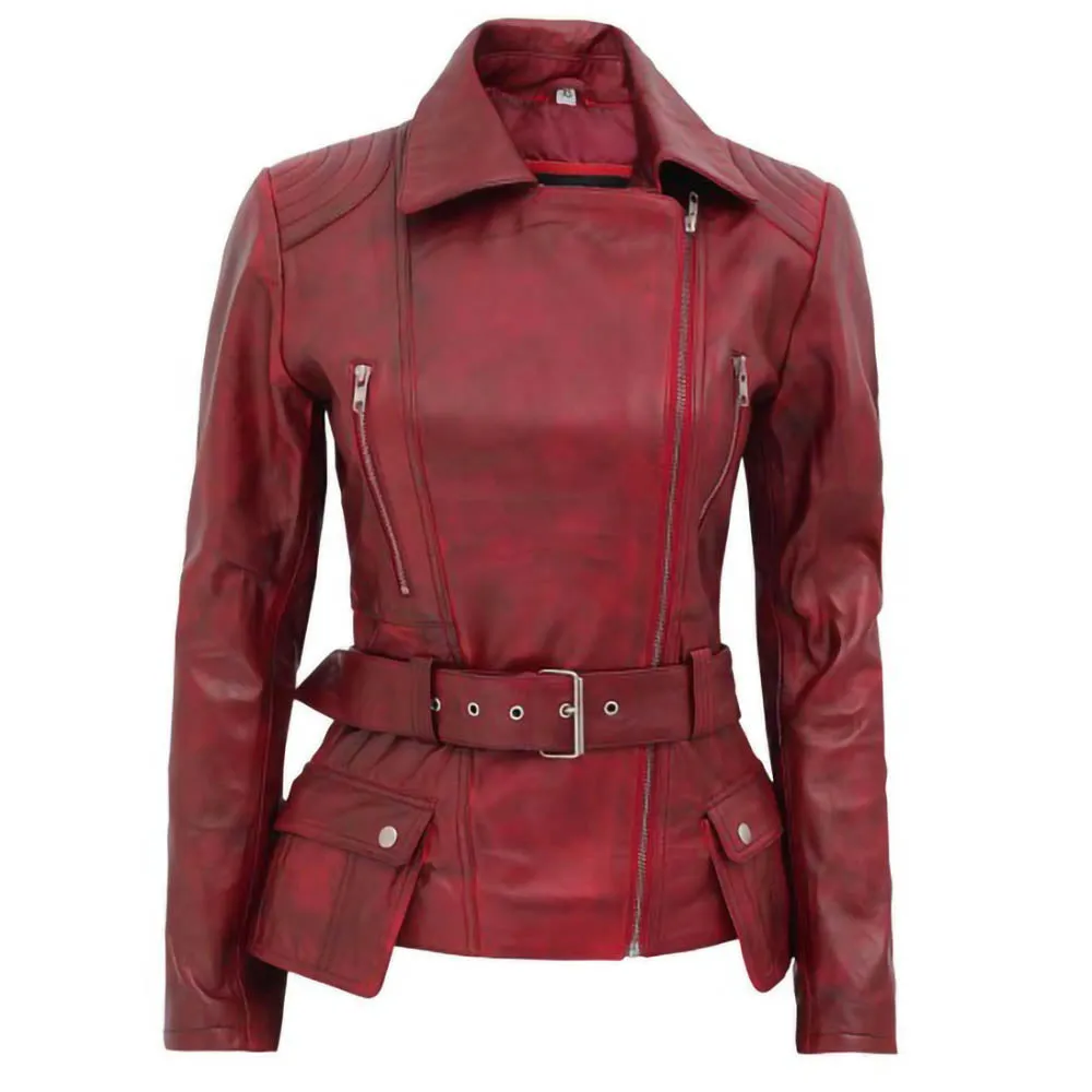 Side Pocket Distressed Vintage Wax Womens Biker Leather Jacket