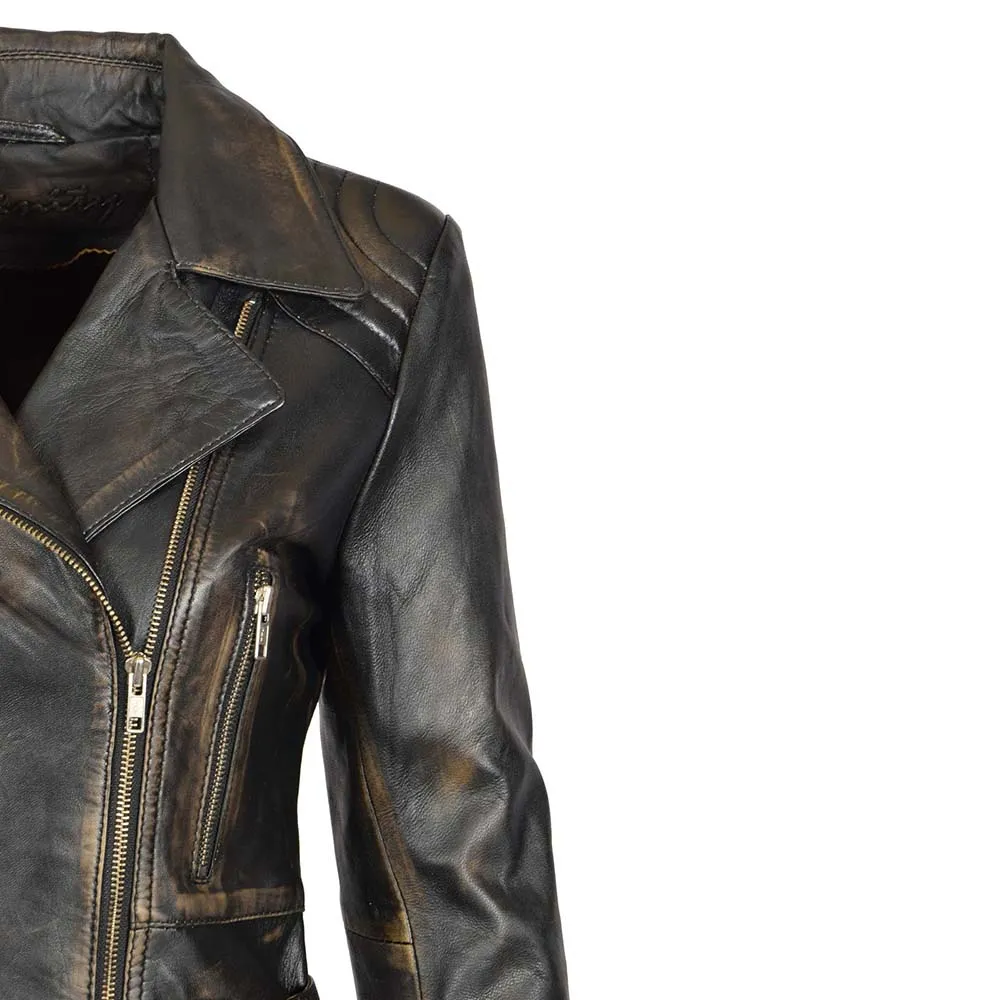 Side Pocket Distressed Vintage Wax Womens Biker Leather Jacket