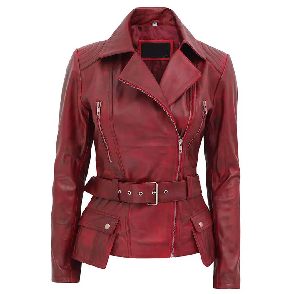 Side Pocket Distressed Vintage Wax Womens Biker Leather Jacket