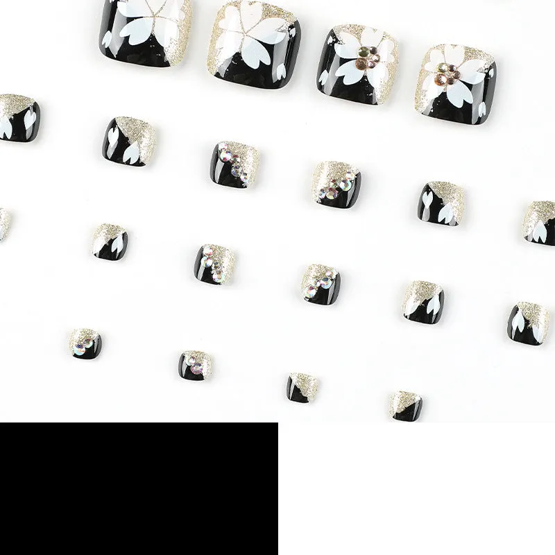 Square Toe Gold Glitter Rhinestone White Flowers