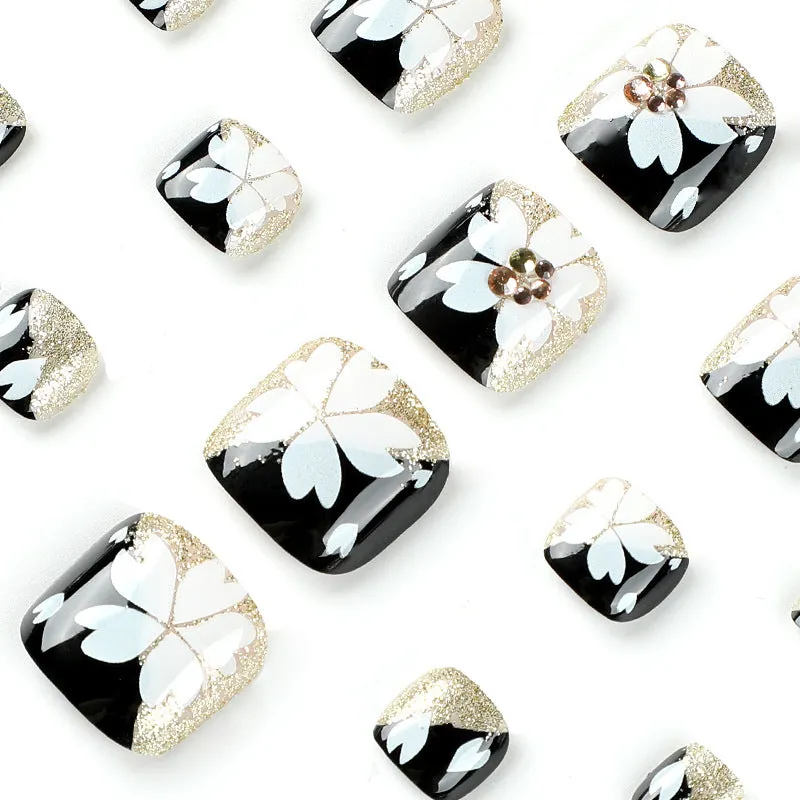 Square Toe Gold Glitter Rhinestone White Flowers