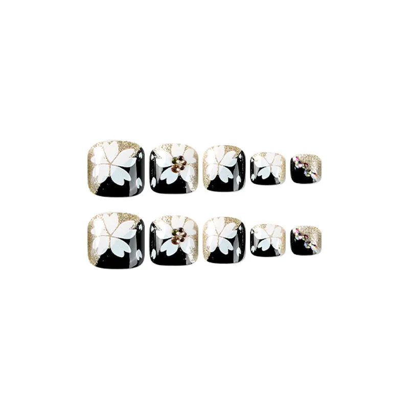 Square Toe Gold Glitter Rhinestone White Flowers