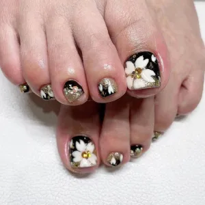 Square Toe Gold Glitter Rhinestone White Flowers