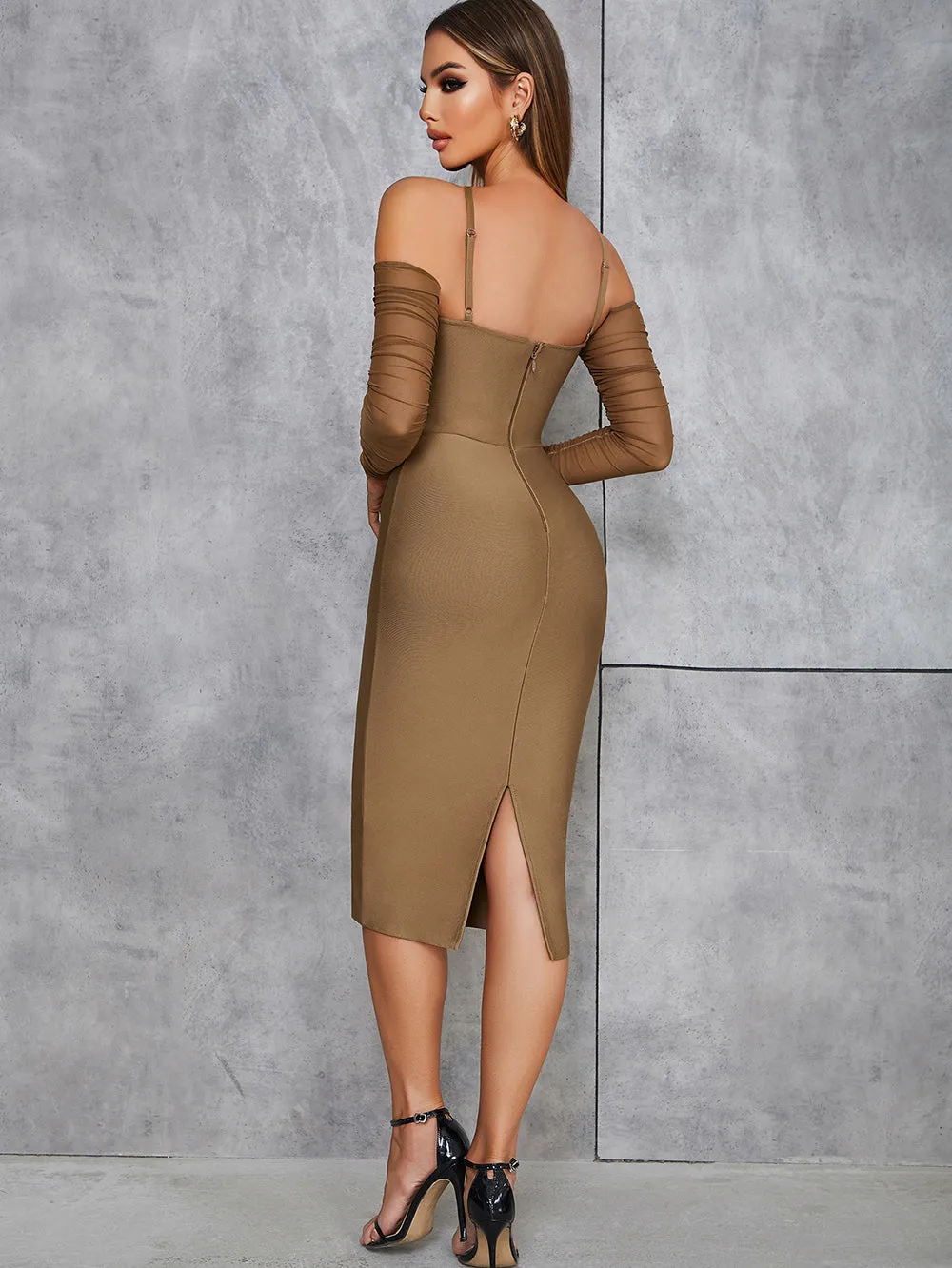 Strappy Long Sleeve Wrinkled Maxi Bandage Dress HB00461