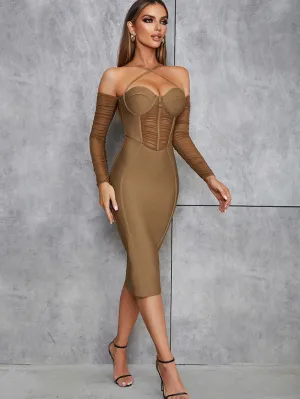 Strappy Long Sleeve Wrinkled Maxi Bandage Dress HB00461