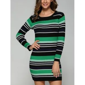 Stretchy Multicolor Striped Slim Dress - Green One Size