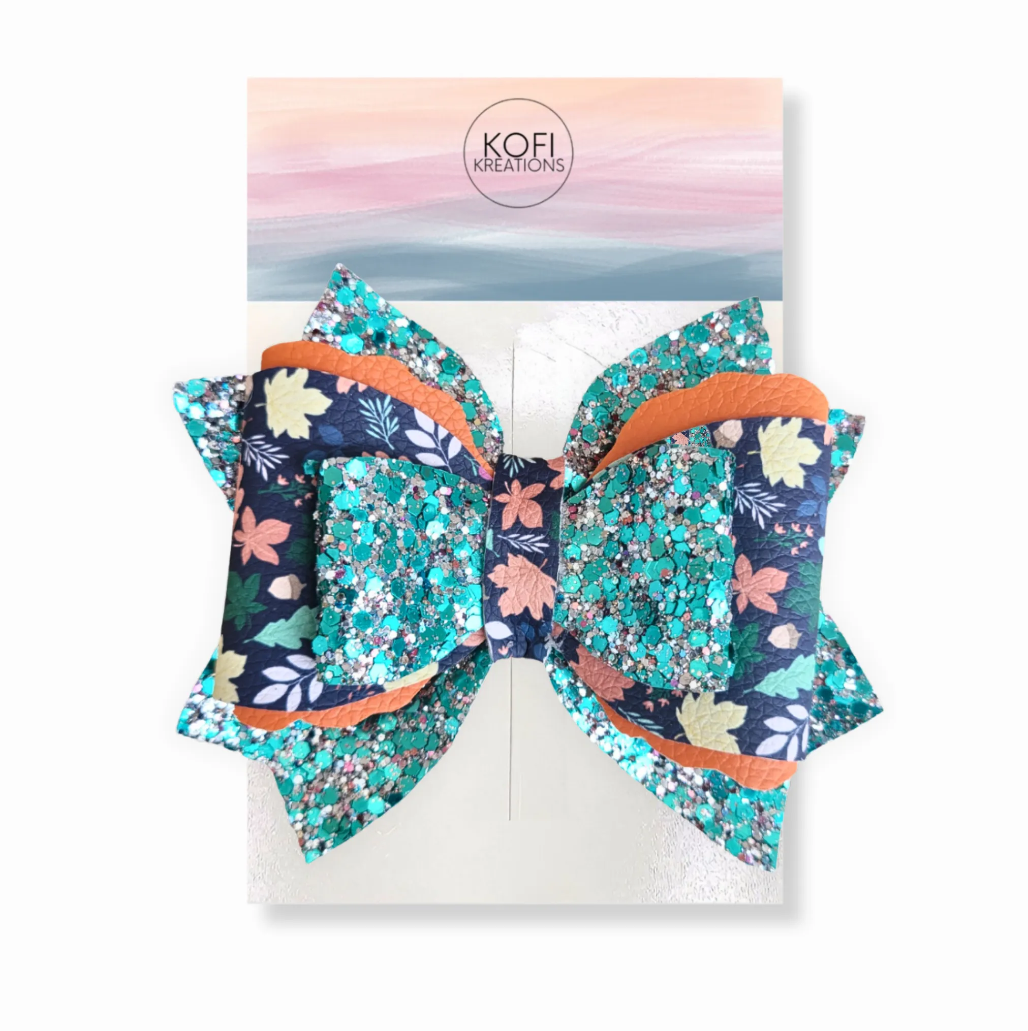 Teal Blossom Leather Glitter Hair Bow