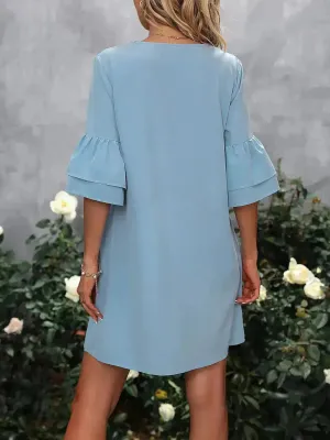 V-Neck Mini Dress – Ruffled Detail & Decorative Buttons