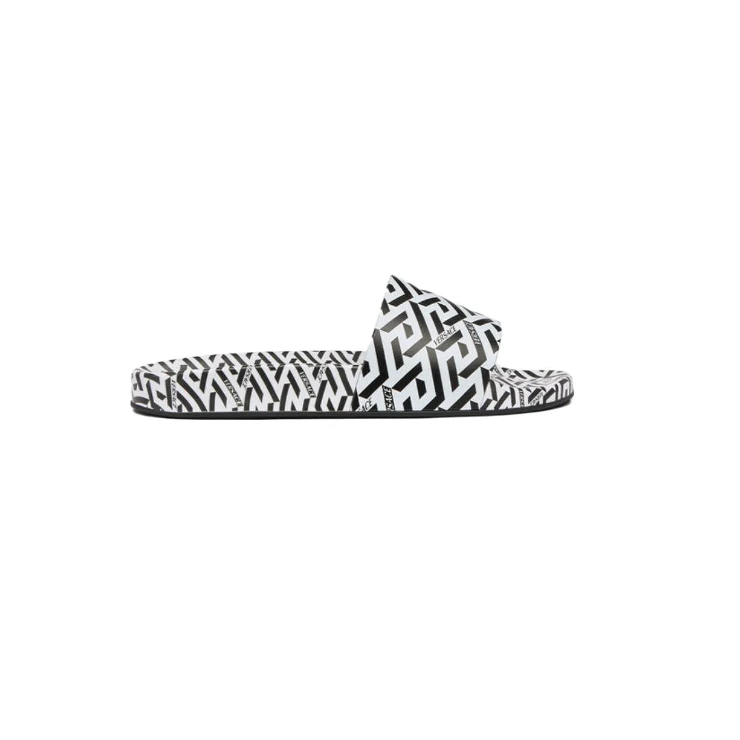 VERSACE MENS LA GRECA PRINT SLIDES WHITE/BLACK