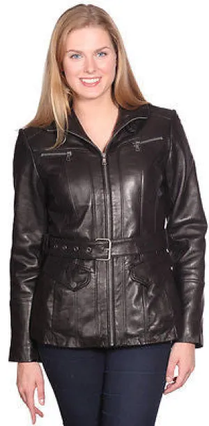 WOMEN'S MID LENGTH BELTED GENUIINE LEATHER BUTTER SOFT STAND UP COLLAR