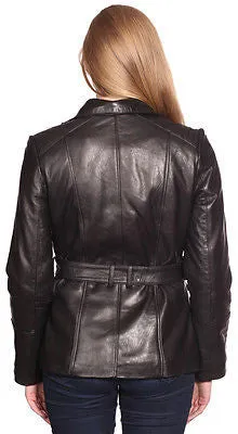 WOMEN'S MID LENGTH BELTED GENUIINE LEATHER BUTTER SOFT STAND UP COLLAR