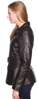 WOMEN'S MID LENGTH BELTED GENUIINE LEATHER BUTTER SOFT STAND UP COLLAR