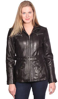 WOMEN'S MID LENGTH BELTED GENUIINE LEATHER BUTTER SOFT STAND UP COLLAR